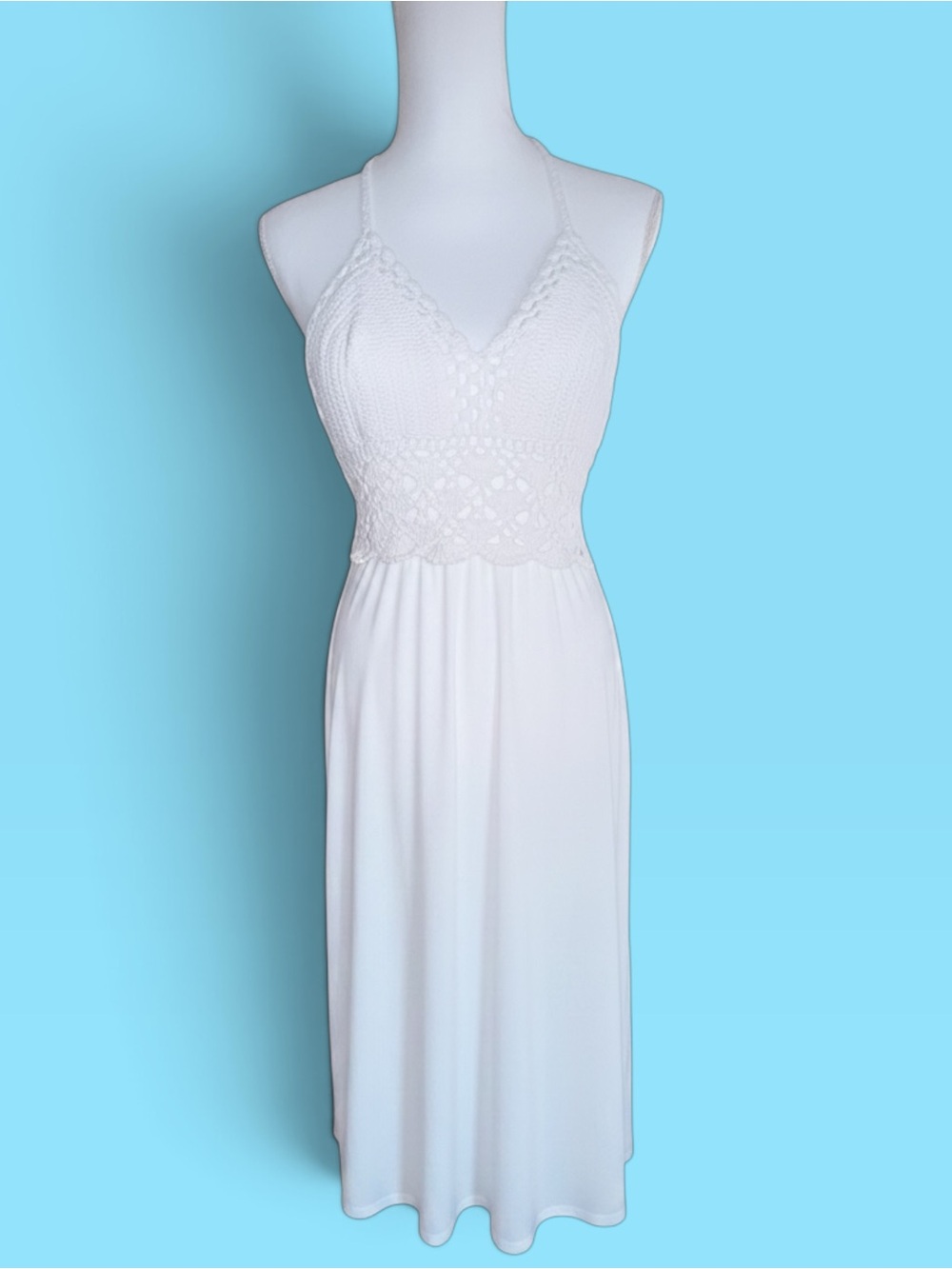 Women White Crochet Cotton Dress the same with Elastic Waistband